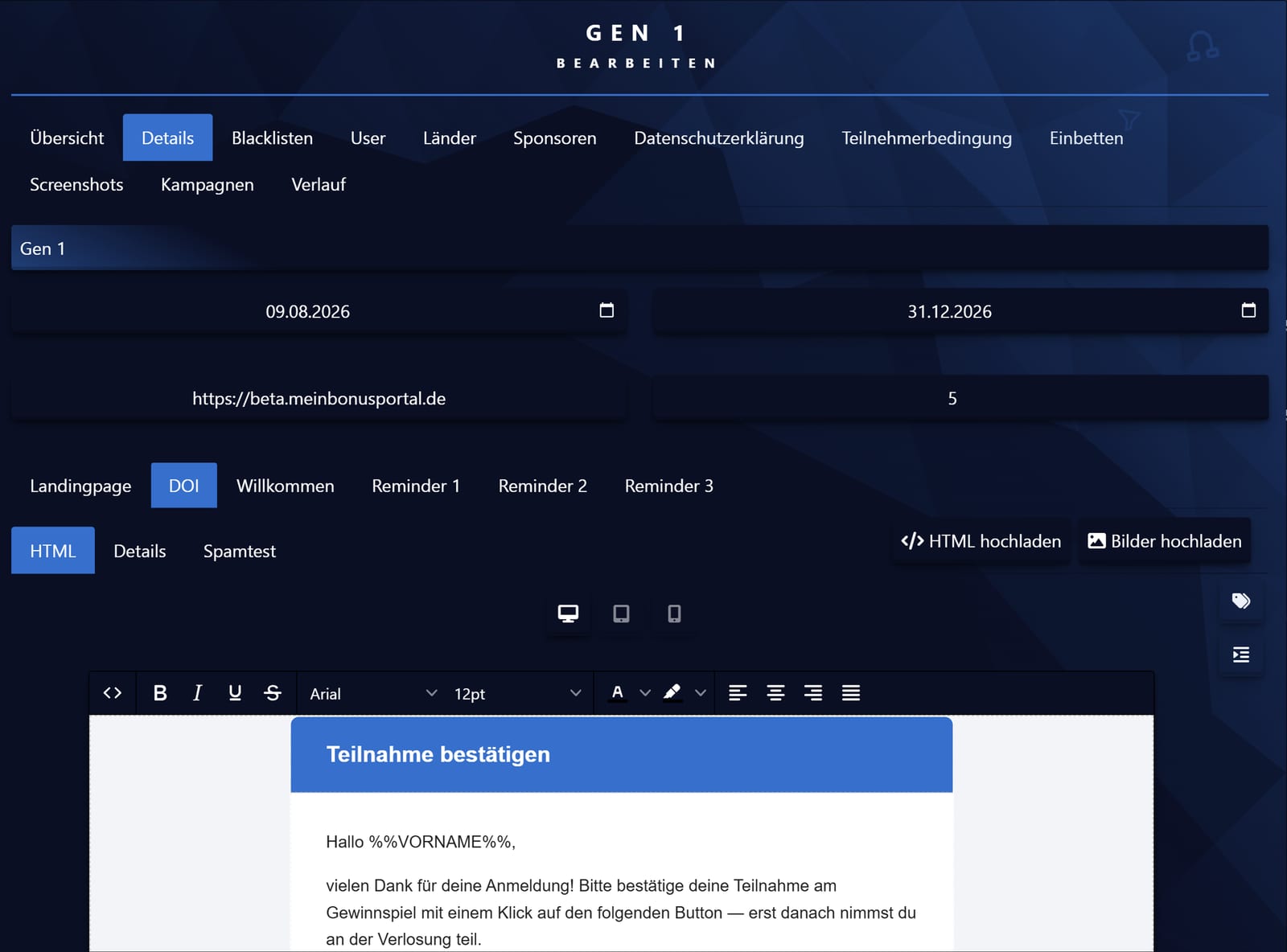 Die Bestätigungsmail im Editor