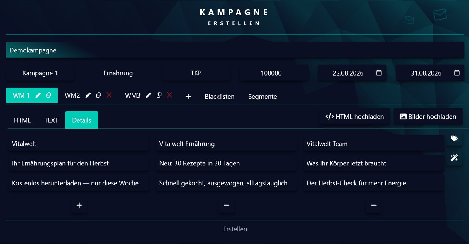 Kampagne anlegen: Name, Vergütung, Volumen, Zeitraum und drei Werbemittel