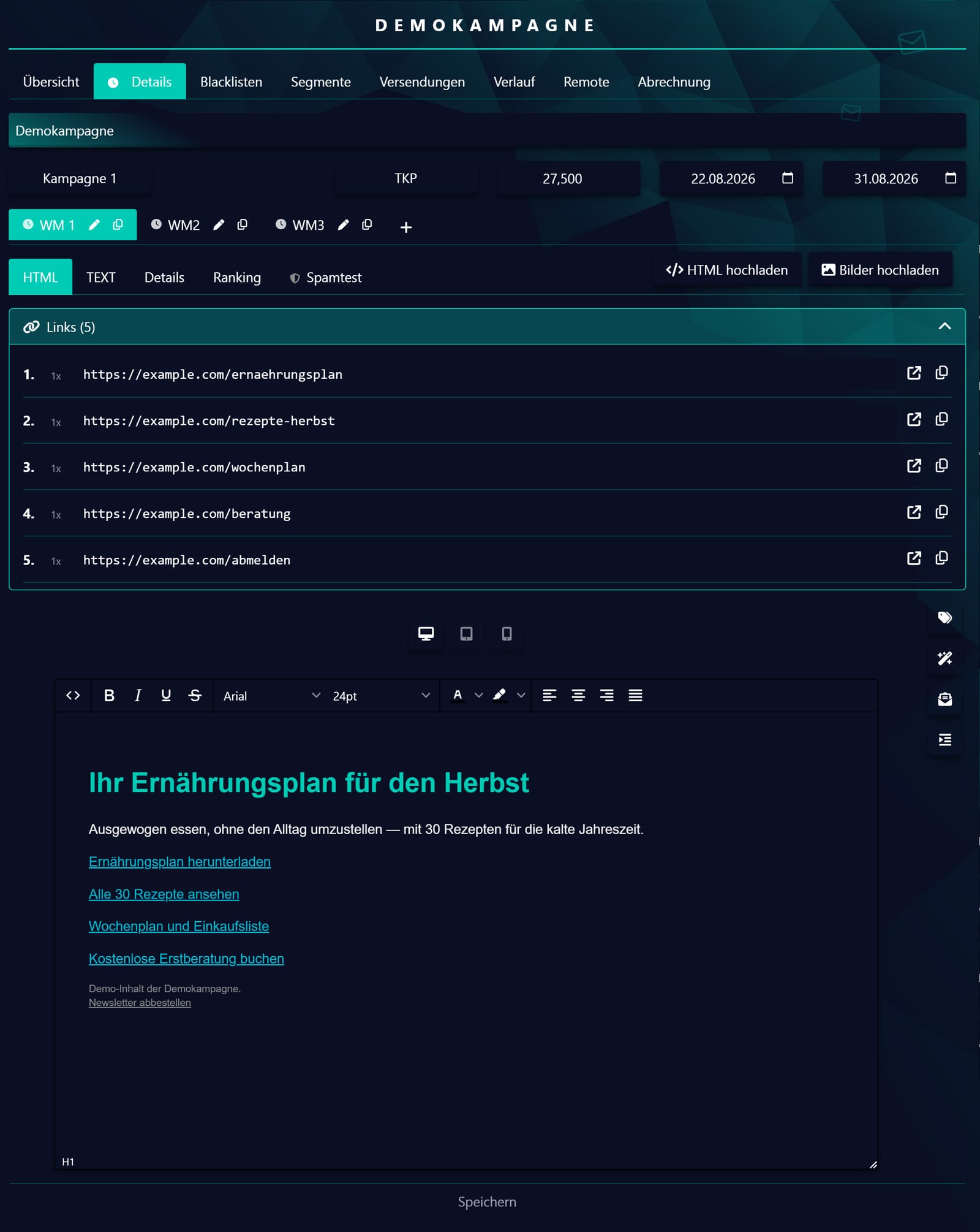 Werbemittel bauen: HTML-Editor mit allen Links im Blick