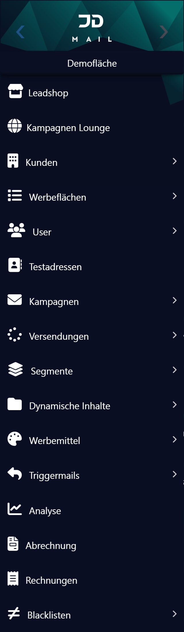 Die Bereiche von JD Mail im Menü