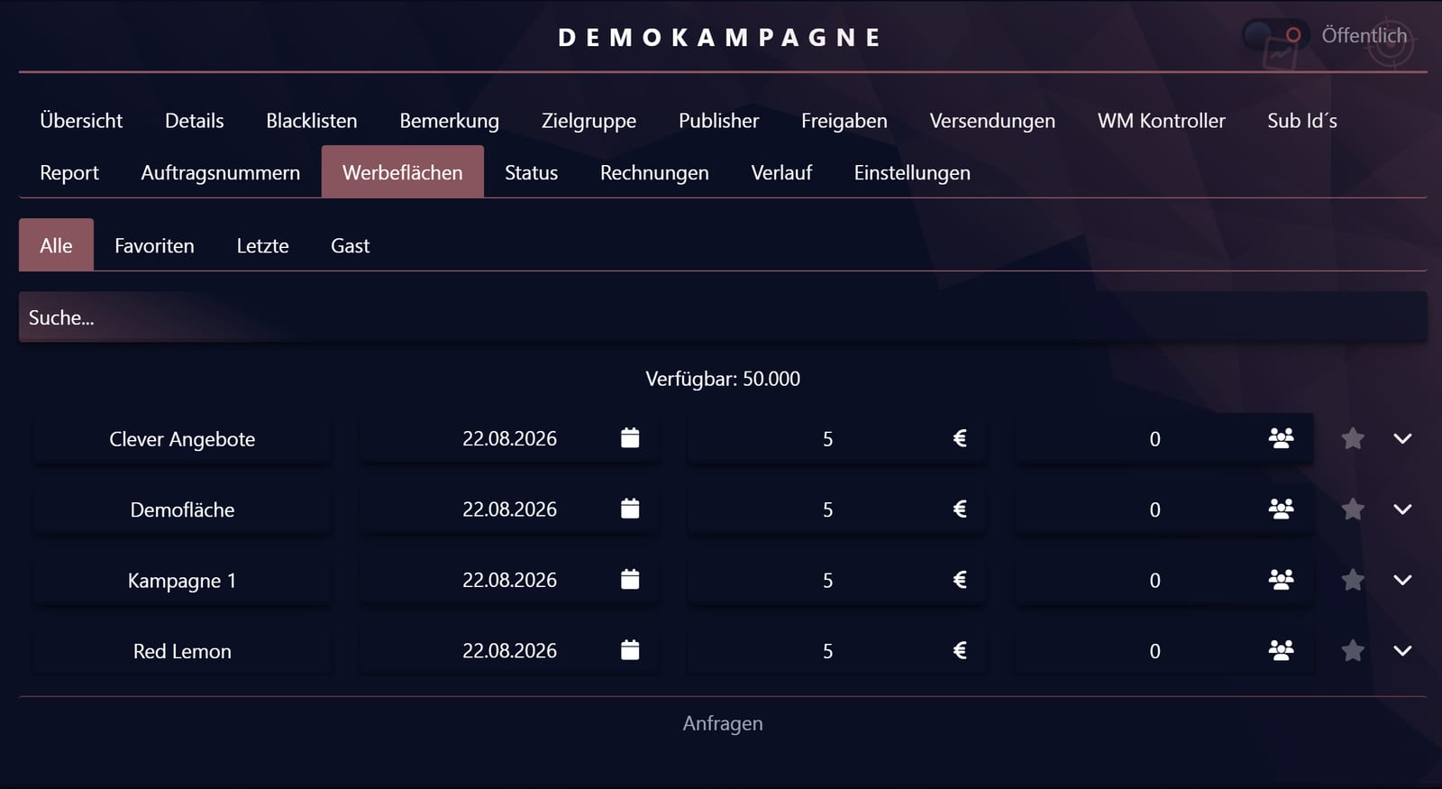 Werbeflächen buchen: verfügbares Volumen, Preis und Anfrage